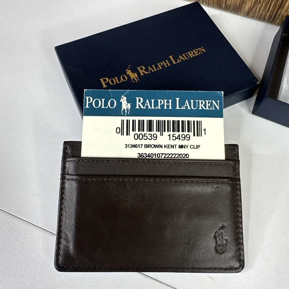 New VINTAGE POLO Ralph Lauren KENT Leather Money Clip w/Card Slots BROWN Wallet